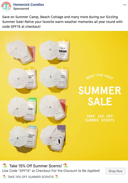 A flat lay of colorful candles with beach-themed labels, decorative paper umbrellas, and sunglasses promotes a summer sale offering 15% off summer scents.