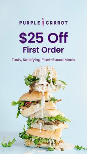 Three stacked sandwiches with greens and sauce in front of a "Purple Carrot" ad offering $25 off the first order of plant-based meals. Text on a light blue background.
