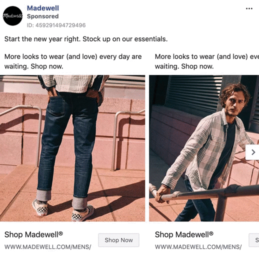 Two images show a man wearing a plaid shirt, jeans, and sneakers. The first image focuses on his back; the second shows him sitting on outdoor stairs. Madewell men's clothing ad.