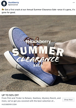 A person wearing blue casual shoes and beige pants sits with crossed legs; text reads "Huckberry Summer Clearance 2019.