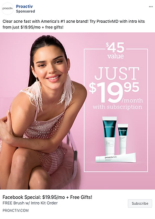 A woman sits smiling beside an ad display featuring ProactivMD acne treatment products and pricing details for a monthly subscription offer.