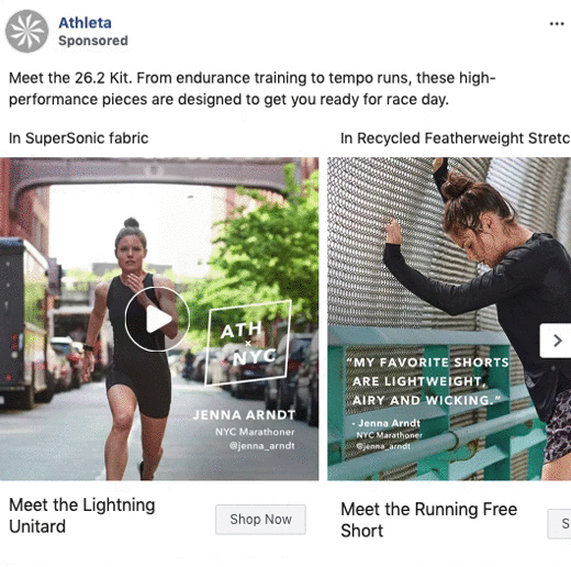 Athleta ad featuring NYC marathoner Jenna Arndt running and stretching, promoting the Lightning Unitar and Running Free Short for race day readiness.
