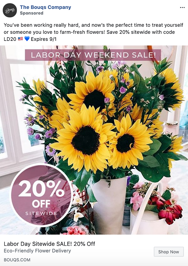 A bouquet of sunflowers and assorted flowers in a white vase sits on a table beside a pink teapot and teacup, with a “20% OFF sitewide” promo graphic for a Labor Day sale.