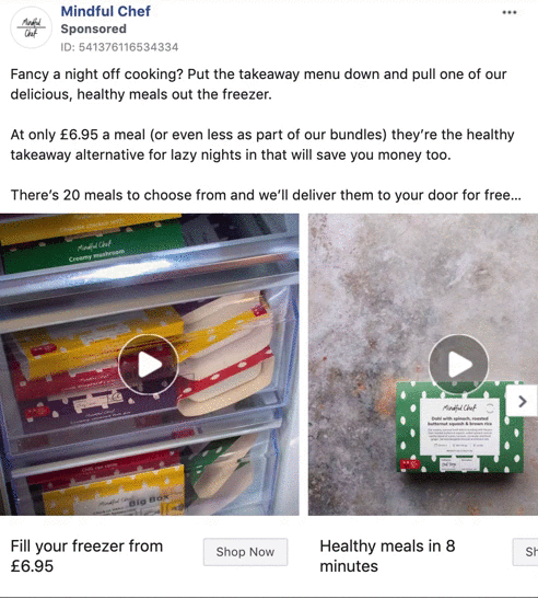 Two images: the first shows packaged ready meals in a freezer drawer; the second displays a meal in a green polka dot box on a table with a Mindful Chef menu card.