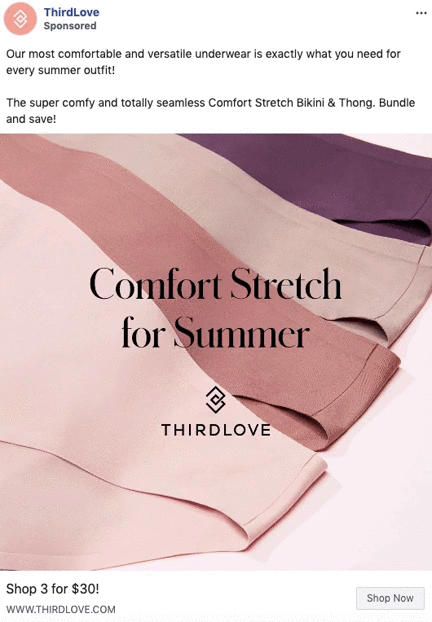 Three seamless underwear pieces in light pink, mauve, and purple are neatly folded on a white surface with the text "Comfort Stretch for Summer" and ThirdLove branding.