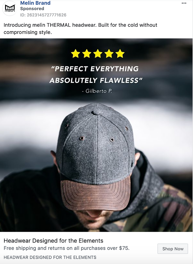 A man wearing a grey Melin THERMAL cap looks downward; a five-star review and the quote “Perfect everything absolutely flawless” by Gilberto P. appear above him.