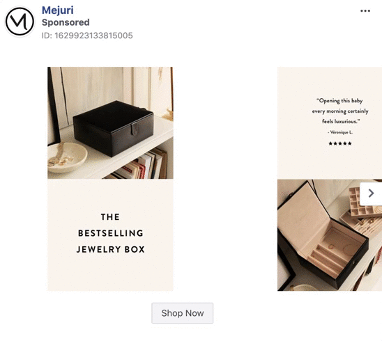 A black jewelry box sits open and closed on a shelf; text reads, "The Bestselling Jewelry Box." A quote and a "Shop Now" button are also shown.
