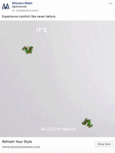 A white background with small holly sprigs, featuring animated text that spells “IT’S HOLLY JOLLY SEASON” and logo for Mizzen+Main. Shop Now button at bottom right.
