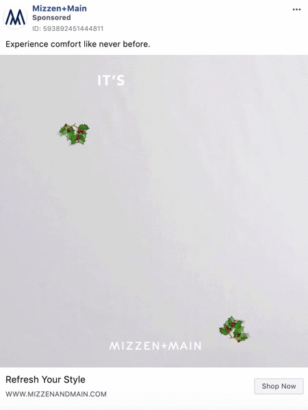 A white background with small holly sprigs, featuring animated text that spells “IT’S HOLLY JOLLY SEASON” and logo for Mizzen+Main. Shop Now button at bottom right.