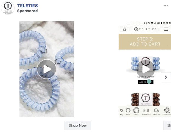 Screenshot of a sponsored social media ad for TELETIES hair ties, showing blue coiled hair ties and an online shopping interface with product options and an "Add to Cart" button.