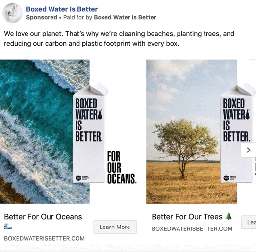 Two Boxed Water cartons are shown: one with an ocean backdrop and one with a tree in a field. Text highlights environmental benefits such as cleaner oceans and more trees.