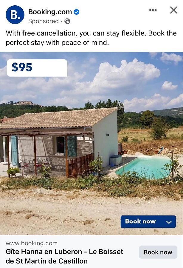 A small house with a patio and private pool sits in a rural area under a blue sky, surrounded by grass and hills. Price listed as $95 per night.