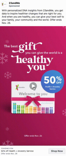 Advertisement for 23andMe offering 50% off Health + Ancestry Service, with a DNA kit image on a red background and text about personalized DNA insights. Offer ends Nov. 26.