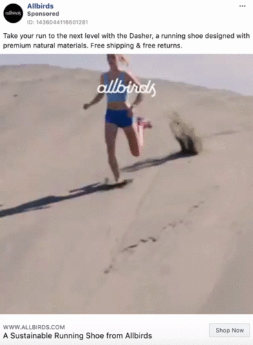 Person running on sand wearing athletic gear, with the Allbirds logo overlaid; ad promotes sustainable running shoes.