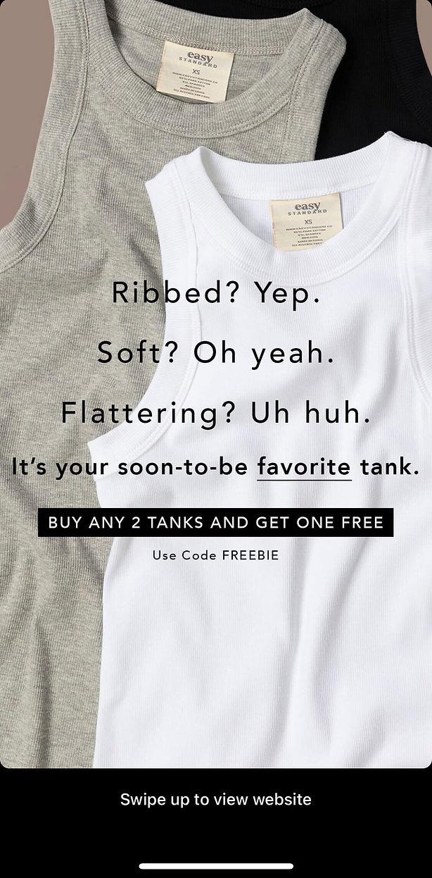 Two ribbed tank tops, one grey and one white, are laid flat. Promotional text offers a buy two, get one free deal using the code "FREEBIE.