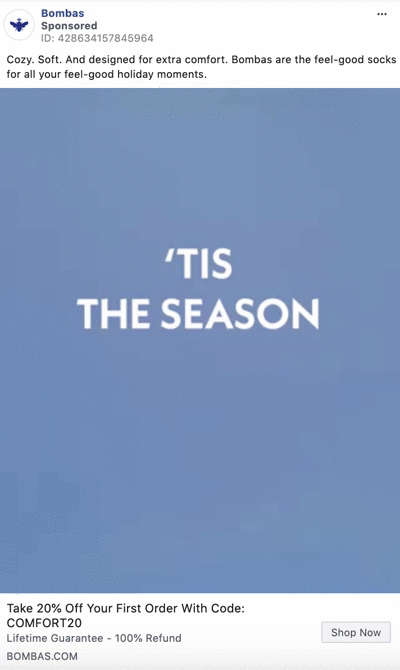A light blue background with the white text "'TIS THE SEASON" in the center; promotional text and a discount code appear at the bottom.
