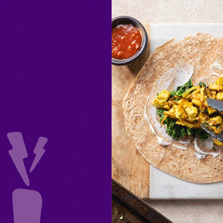 A tortilla wrap with scrambled tofu, greens, and sauce on a cutting board, next to a small bowl of salsa. Half the image has a solid purple background with a burrito graphic.