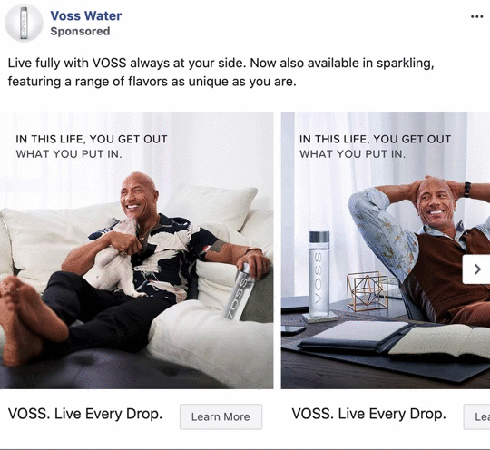 Two images of a man relaxing indoors with Voss Water bottles; one shows him on a couch with a dog, the other at a desk smiling. Text: "In this life, you get out what you put in.