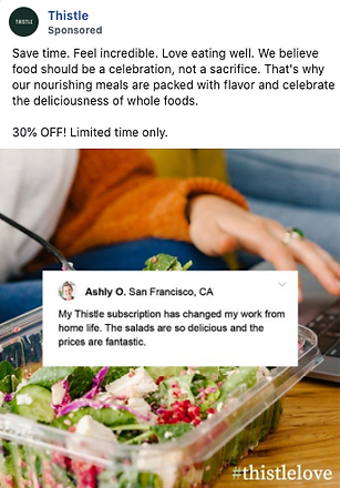 A hand holds a fork over a salad in a plastic container next to a customer testimonial and a promotional message for Thistle meal subscriptions.