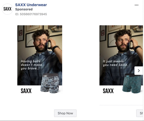 A man with a beard talks on the phone; beside him are two images of SAXX underwear with promotional text and a "Shop Now" button at the bottom.