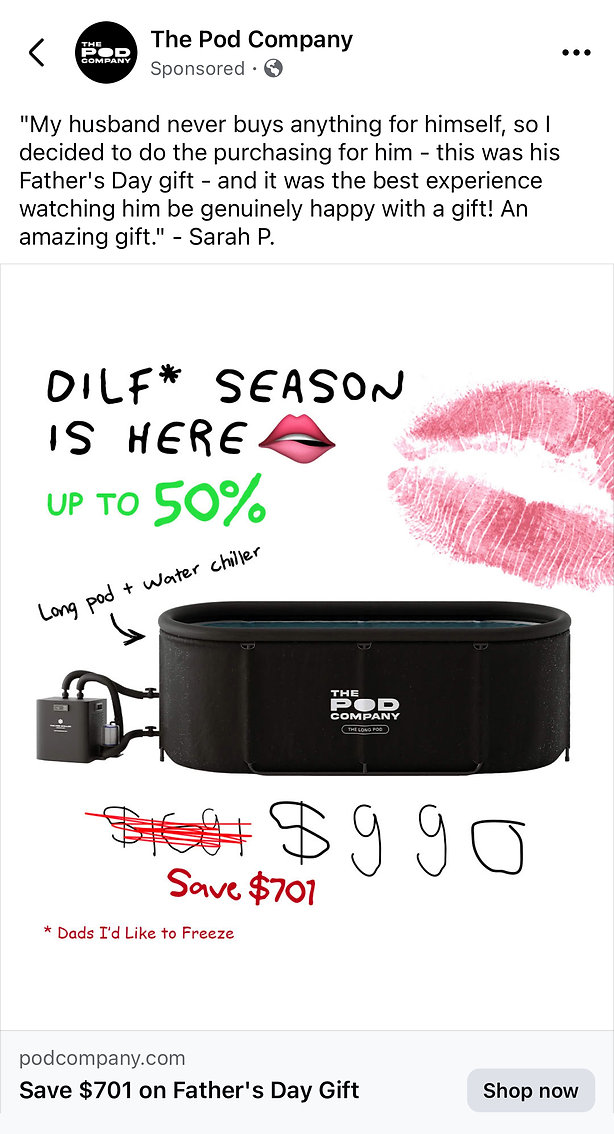 Advertisement for The Pod Company's water chiller, featuring a product photo, pricing information, promotional text, and a testimonial about it being a great Father's Day gift.