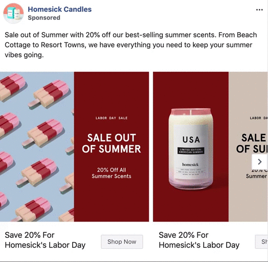 Advertisement for Homesick Candles featuring popsicles and a candle, promoting a 20% off Labor Day sale on best-selling summer scents. Includes "Shop Now" buttons.