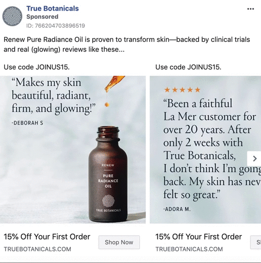 An ad for True Botanicals Pure Radiance Oil shows a product bottle with customer testimonials and a promo code for 15% off the first order.