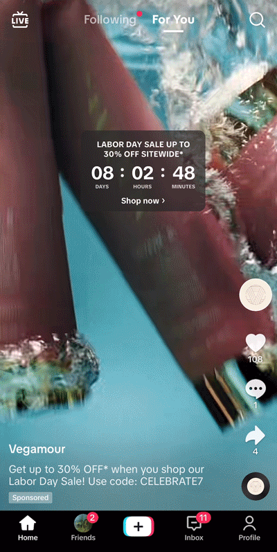 A person swims underwater in a pool, with a Labor Day sale countdown overlay and promotional text for a sitewide discount. TikTok interface elements are visible.