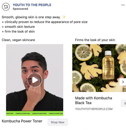 Advertisement for Youth to the People Kombucha Power Toner, featuring a man applying skincare and a bottle of toner with ginger and tea leaves. Text highlights product benefits.