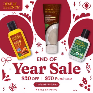 Desert Essence End of Year Sale ad showing three products, $20 off $70 purchase, code BESTSELF20, plus free shipping.