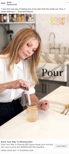 A woman stirs a powder into a glass of liquid at a kitchen counter. Text reads: "Pour." Brand and product details are displayed at the top and bottom of the image.