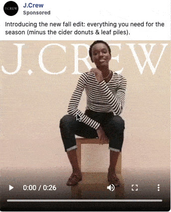 A person in a striped shirt and dark pants sits on a chair against a beige background with "J.CREW" text.
