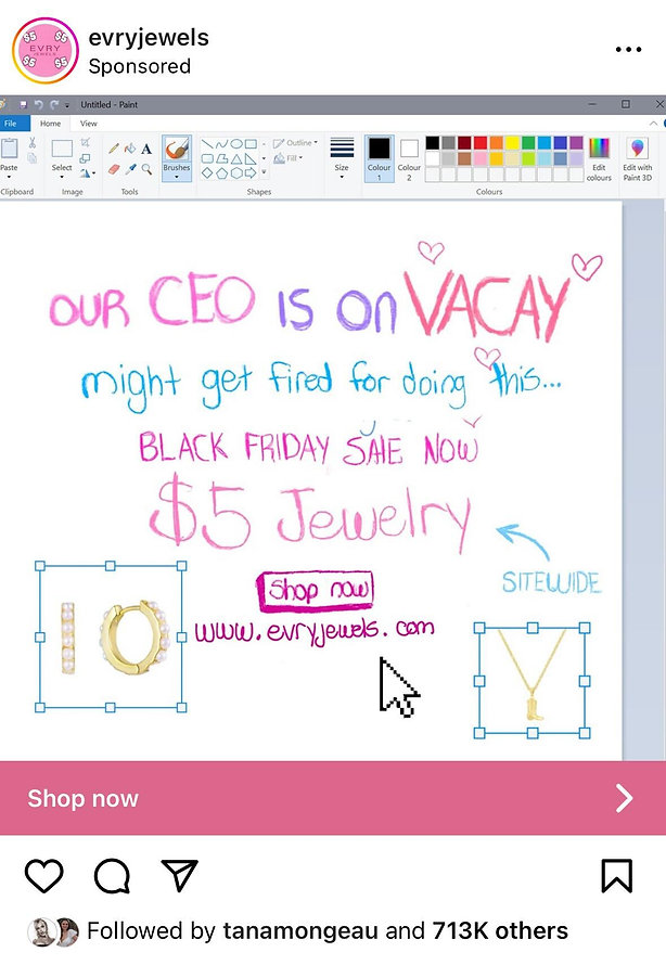 Screenshot of a digital note advertising a Black Friday sale: "$5 Jewelry" at evryjewels.com, with playful handwritten text and icons drawn in a paint program.