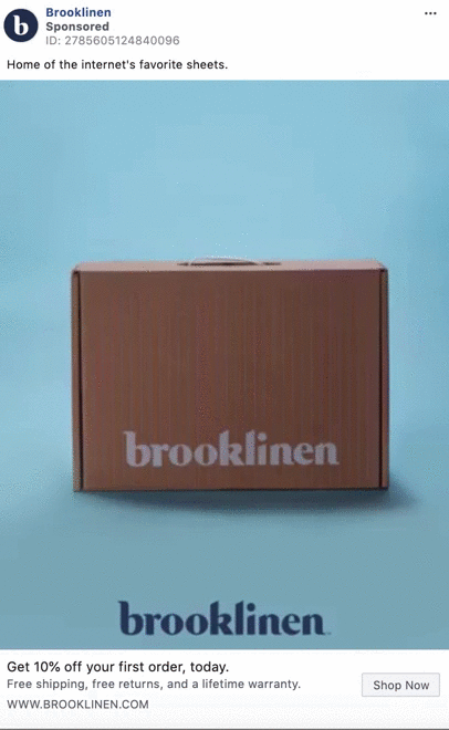 A brown Brooklinen box sits on a light blue surface with "brooklinen" logo; promotional text offers 10% off, free shipping, and returns.