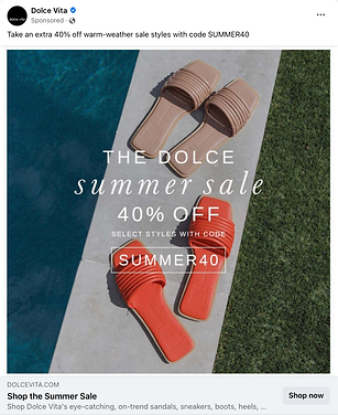 Four pairs of slide sandals in neutral and orange tones are displayed on a sandy surface with text promoting a 40% off summer sale using code SUMMER40.
