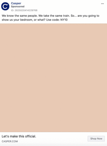 A Casper ad featuring a minimalist beige background with text inviting the viewer to use code NY10 and a button labeled "Shop Now" at the bottom.
