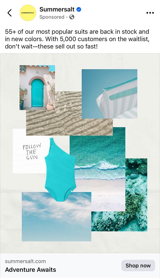 Collage of turquoise-themed summer images, including a swimsuit, ocean, beach, striped towel, door with flowers, and note reading "FOLLOW THE SUN." Summersalt ad; "Adventure Awaits" button visible.