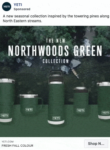 Five YETI drinkware items in dark green are displayed on a dock above a forest river, promoting the Northwoods Green collection inspired by Northeastern streams.