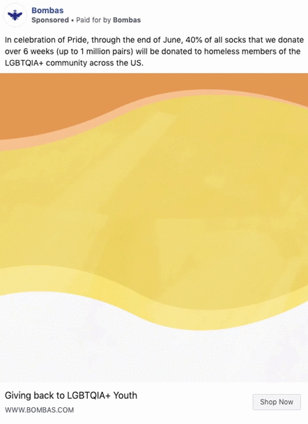 Graphic with wavy yellow and orange background. Text above details Bombas' initiative to donate 40% of sock donations to homeless LGBTQIA+ individuals during Pride month.