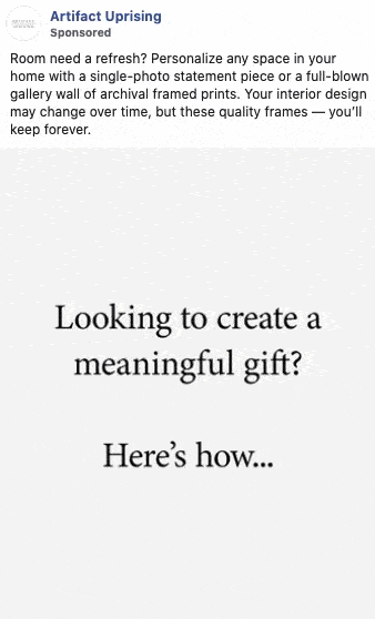 Text-based social media ad reads: “Looking to create a meaningful gift? Here’s how…” with additional text above promoting customizable framed photo prints.