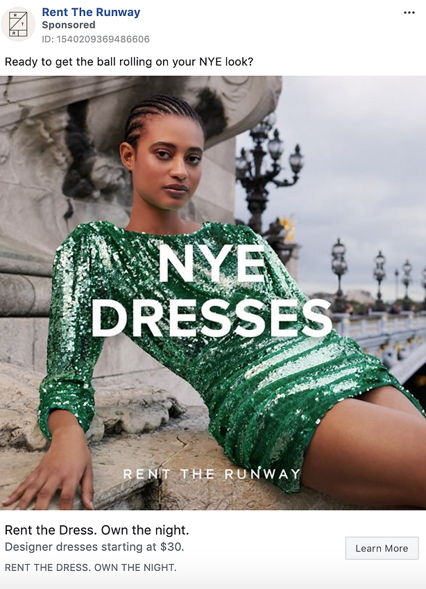 Woman in a green sequined dress leans against a stone railing with a bridge and ornate street lamps in the background. Text on image reads "NYE DRESSES.