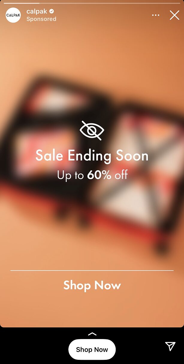 A blurred image of an open suitcase with text overlay reading "Sale Ending Soon, Up to 60% off" and a "Shop Now" button at the bottom.
