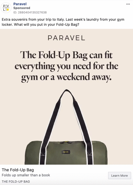 A green fold-up travel bag with black handles is displayed against a beige background with text promoting its versatility for the gym or travel.
