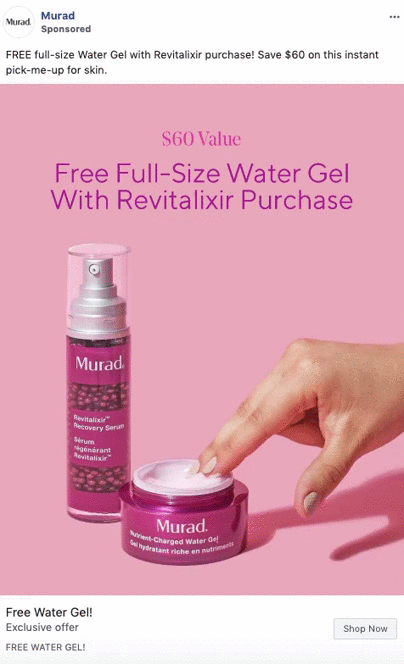 Two Murad skincare products—one pump bottle and one open jar—are displayed on a pink background with a hand touching the jar. Promotional text offers a free full-size Water Gel with purchase.
