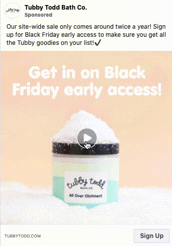A jar of Tubby Todd All Over Ointment is displayed in front of a peach background with text promoting Black Friday early access.