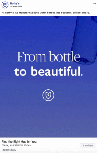 Blue ad with text: "From bottle to beautiful." Features a plastic bottle in the top right and a circular logo below the text. Promotes sustainable shoes made from recycled plastic bottles.