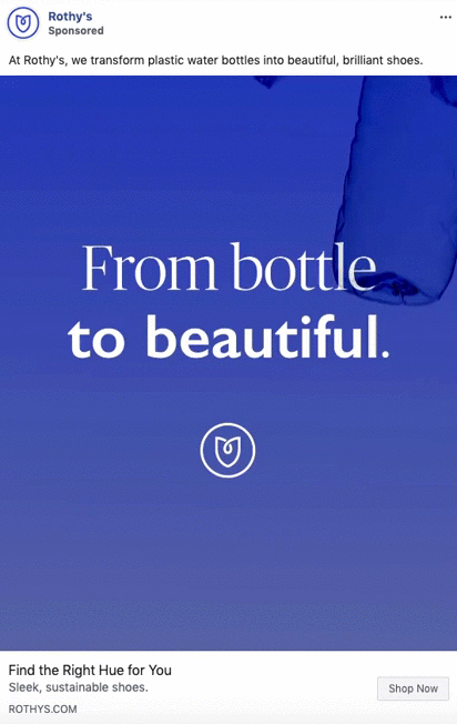 Blue ad with text: "From bottle to beautiful." Features a plastic bottle in the top right and a circular logo below the text. Promotes sustainable shoes made from recycled plastic bottles.