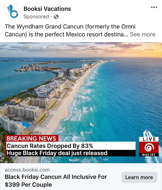 Aerial view of a beachfront resort in Cancun with breaking news headline promoting Black Friday all-inclusive deal for $399 per couple.