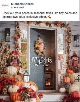 A porch decorated for fall with pumpkins, hay bales, autumn wreaths, a "Welcome" sign, and seasonal foliage.