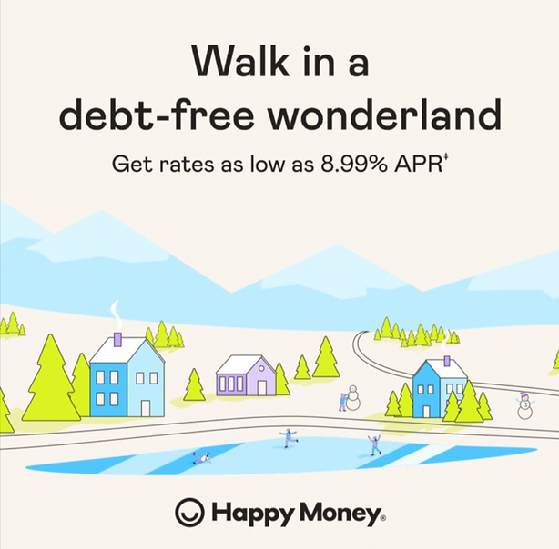 Illustration of a winter village scene with people ice skating on a pond. Text promotes low APR rates and a debt-free lifestyle from Happy Money.